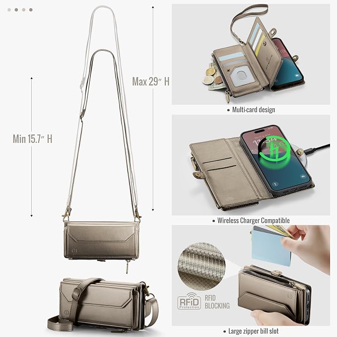 Strapurs Wallet Case Compatible with iPhone 16 6.1" RFID Blocking 7-Card Holder PU Leather Magnetic Snap Shoulder Strap Zipper Pocket Phone Case Fit for iPhone 16 for Women - Desert Titanium