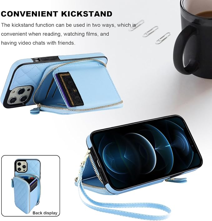Bocasal Crossbody Wallet Case for iPhone 12 Pro Max, RFID Blocking PU Leather Zipper Handbag Purse Flip Cover, Kickstand Folio Case with Card Slots Holder Wrist Strap Lanyard 5G 6.7 Inch (Blue)