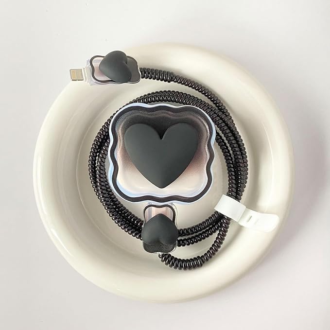 Charger Protection Set, Compatible with Apple 40W Dynamic Power Adapter (with 60W Max), DIY 3D Heart Wave Gradient Flexible TPU Charger Case + Laser Spiral Data Cable Protector, Black (5in1)