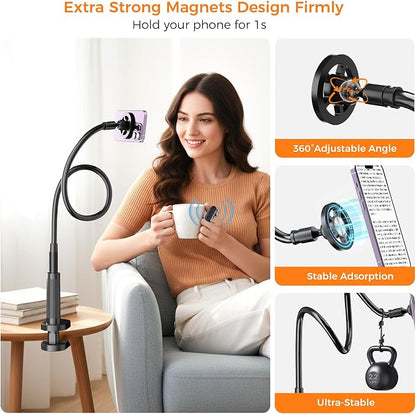 Magnetic Phone Holder for Bed Laying Down with Page Turner, Gooseneck Cell Phone Stand with Reading Clicker, 360°Flexible Long Arm Mount with Wireless Scrolling Ring for Titok iPhone Android.