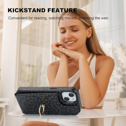 HAOPINSH for iPhone 13/ iPhone 14 Wallet Case with Card Holder, 360°Rotation Ring Kickstand, Black Leopard Cheetah Pattern, RFID Blocking Leather for Girls Women, Double Buttons Flip 6.1"