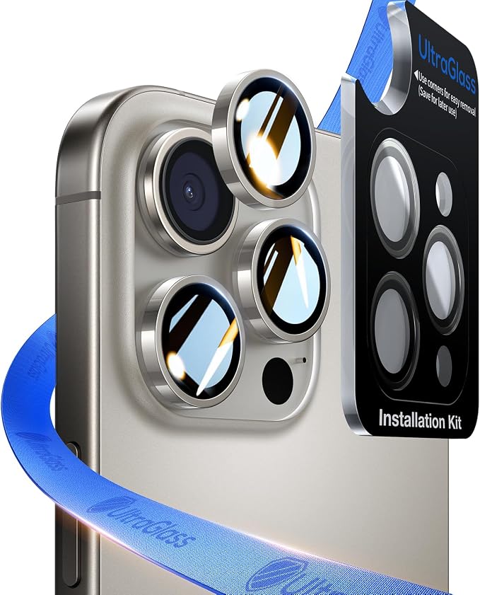 UltraGlass for iPhone 16 Pro Max/16 Pro Camera Lens Protector [NO.1 Military Grade Shatterproof] iPhone 16 Pro Max Camera Protector, 16 Pro Lens Cover [Longest Durable] Easy Install, Natural Titanium