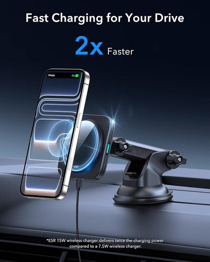 ESR for 15W MagSafe Car Mount Charger, for MagSafe Car Charger, Suction Cup Magnetic Wireless Car Charging, Dashboard Car Phone Mount for iPhone 17/16/15/14/13/12, S25, Pixel 10, Fast Charging