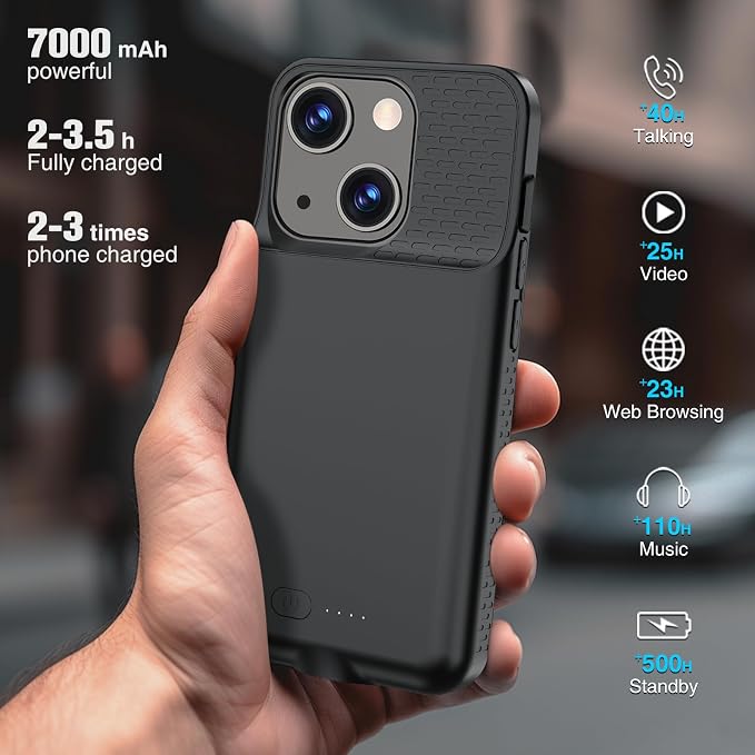GIN FOXI Battery Case for iPhone 15 Pro/15, Rechargeable Case 15W Fast Charging Charger Real 7000mAh Ultra-Slim Anti-Fall Protection Extended Charger for iPhone 15 &15 Pro Black