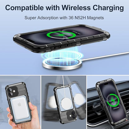 WIFORT for iPhone 16 Plus Waterproof Case - Metal Heavy Duty [Built-in Screen Protector] [14FT Military Shockproof] [Fit for MagSafe], IP68 Full Body Rugged Water Proof Magnetic Cover, 6.7" Black
