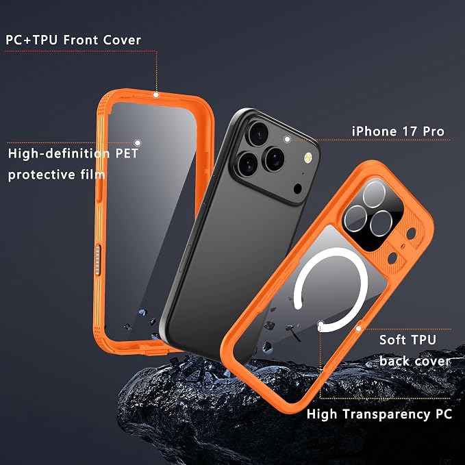 GOLDJU Magnetic for iPhone 17 Pro Case-Waterproof, Built-in Screen & Camera Protector-IP68 Underwater Full Body 16FT Military Dropproof Shockproof Case for 17 Pro 6.3''- Orange