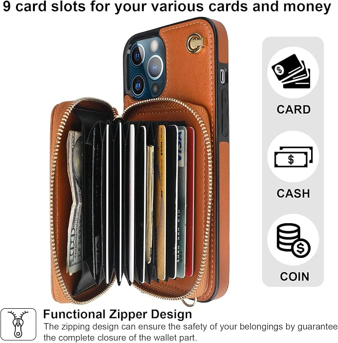 Bocasal Crossbody Wallet Case for iPhone 13 Pro Max, RFID Blocking Leather Purse Case with Card Holder, Protective Handbag Flip Cover with Zipper Wrist Strap Lanyard for Women 5G 6.7 Inch (Brown)