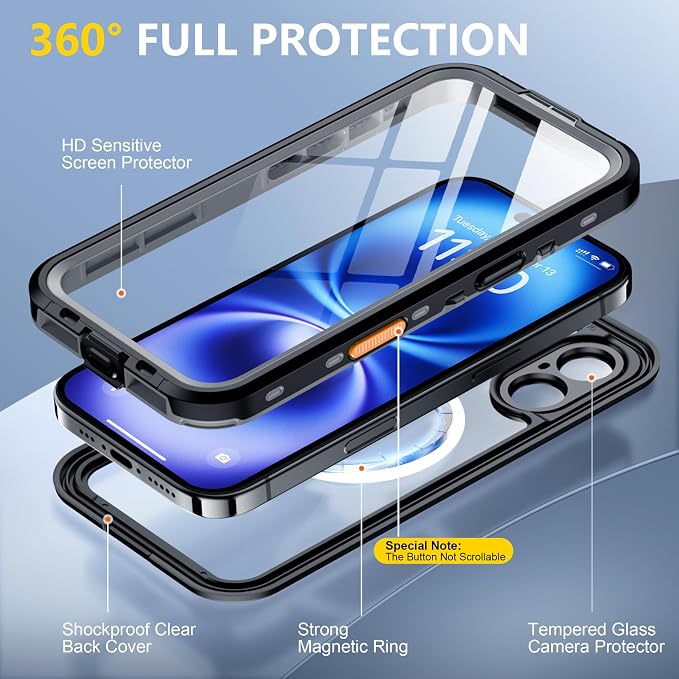 Red2Fire for iPhone 16 Case Waterproof, [Built-in Screen Protector & Camera Protector][Compatible with MagSafe][Full Body Shockproof][IP68 Waterproof][Dustproof] Phone Case 6.1" Black/Clear