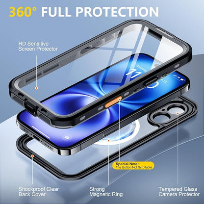 Red2Fire for iPhone 16 Case Waterproof, [Built-in Screen Protector & Camera Protector][Compatible with MagSafe][Full Body Shockproof][IP68 Waterproof][Dustproof] Phone Case 6.1" Black/Clear