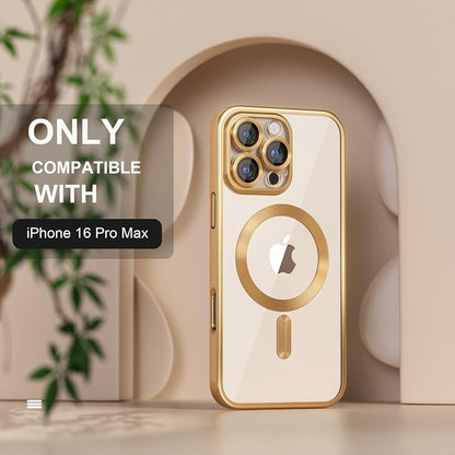 Misea Magnetic for iPhone 16 Pro Max Case Compatible with MagSafe [Never Yellowing] [Military Grade Drop Protection] Full Camera Lens Protector Plating Soft Clear Phone Case for Women 6.9", Gold