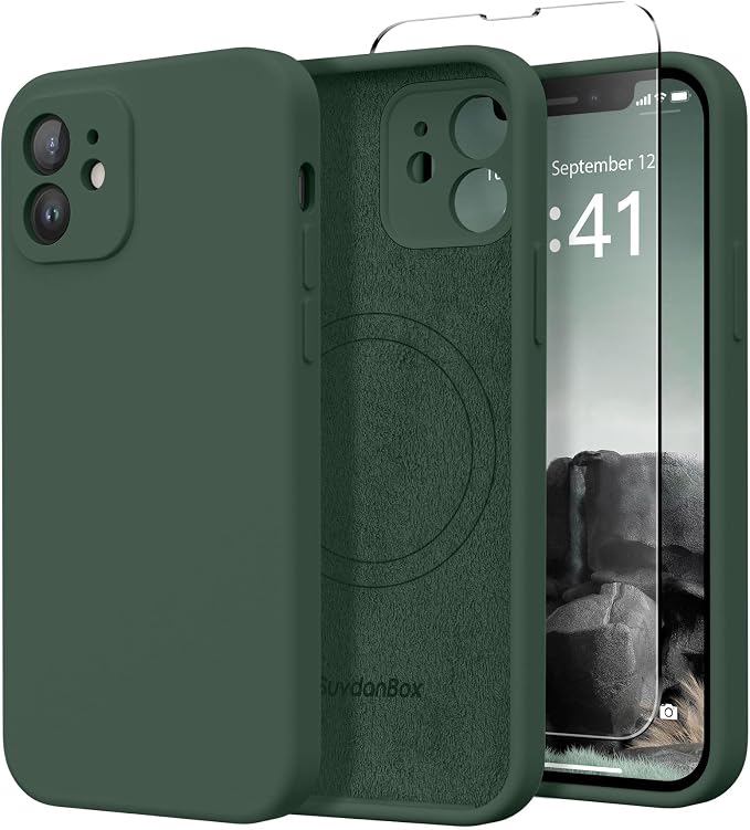 Magnetic for iPhone 12 Case, Compatible with MagSafe, [Full Camera Protection][Screen Protector] Silicone Shockproof Protective Phone Case for iPhone 12 6.1", Alpine Green