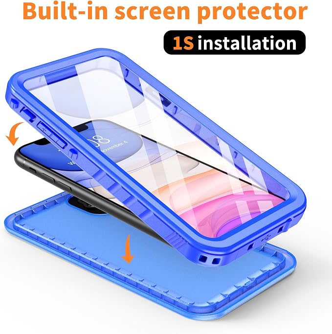 Cozycase Compatible with Waterproof iPhone 11 case, Built-in Screen Protector, Full-Body Rugged Bumper Sealed Case Cover, Shockproof Dustproof Waterproof Case for iPhone 11 6.1 inch (Blue)