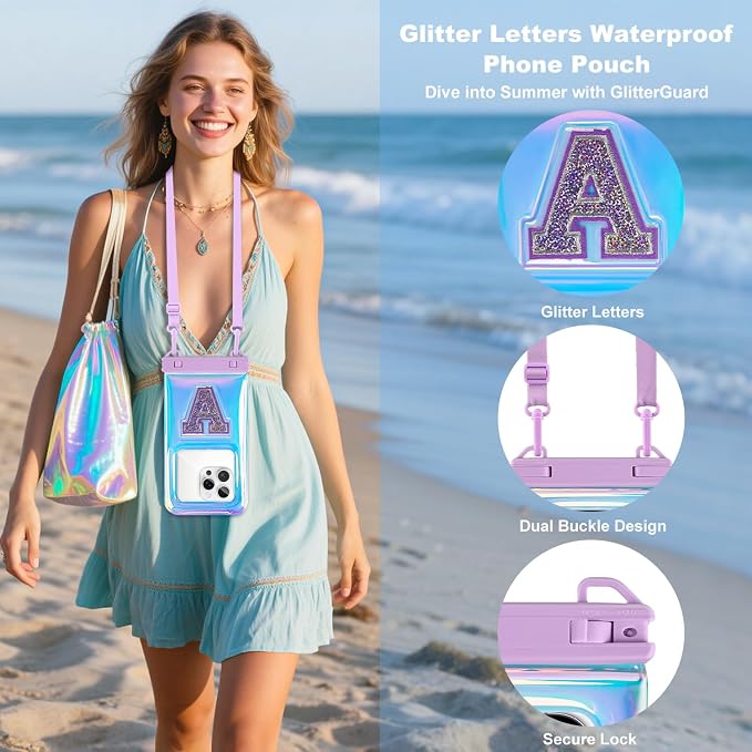 Waterproof Phone Pouch, IPX8 Floating Waterproof Phone Case Fits 7″Phones, Glitter Letter and Adjustable Neck/Crossbody Strap Design, Cruise Ship Travel Beach Essentials（ Iridescent Purple