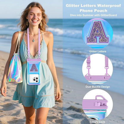 Waterproof Phone Pouch, IPX8 Floating Waterproof Phone Case Fits 7″Phones, Glitter Letter and Adjustable Neck/Crossbody Strap Design, Cruise Ship Travel Beach Essentials（ Iridescent Purple
