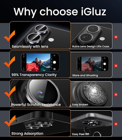 iGluz 2 Pack Anti-Reflection Camera Lens Protector for iPhone 17/16/16 Plus [98% Transmittance][1-Step Installation][Strong Adsorption] 9H Shatterproof Tempered Glass-Black