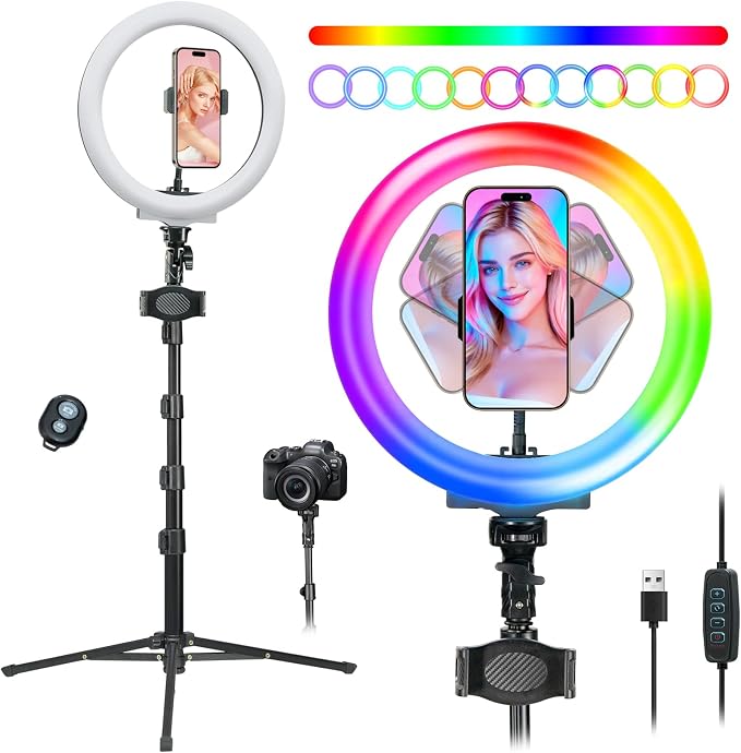 10" Desk Ring Light with 66'' Tripod Stands & Phone Holder, LED Circle Ring Lights Compatible with All Phones, 3 Color & 10 Brightness Level, for Live Stream, Makeup, Selfie, YouTube, TikTok