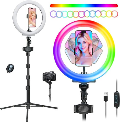 10" Desk Ring Light with 66'' Tripod Stands & Phone Holder, LED Circle Ring Lights Compatible with All Phones, 3 Color & 10 Brightness Level, for Live Stream, Makeup, Selfie, YouTube, TikTok