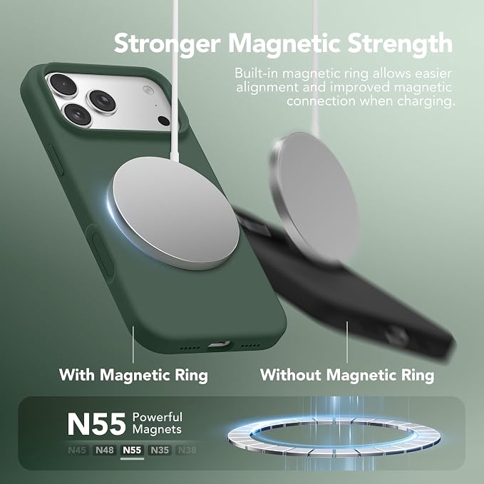 GONEZ Magnetic for iPhone 17 Pro Case, Compatible with MagSafe, [Screen Protector + Camera Lens Protector], Liquid Silicone Anti-Scratch Shockproof Protective Phone Case 6.3 inch, Army Green