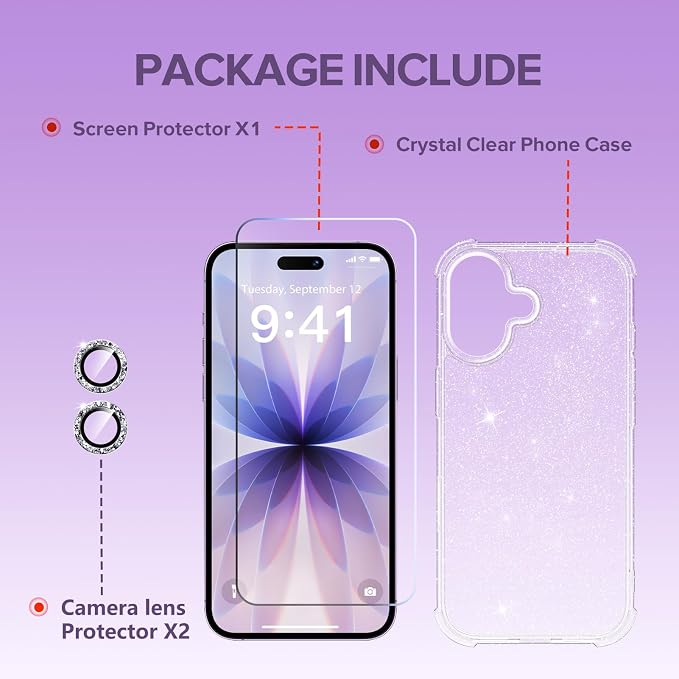 BERFY for iPhone 17 Case for Women, Clear Glitter Shockproof Protective Case, Anti-Yellowing, with Screen Protector & Camera Lens Protector 6.3", Diamond Sparkle Clear