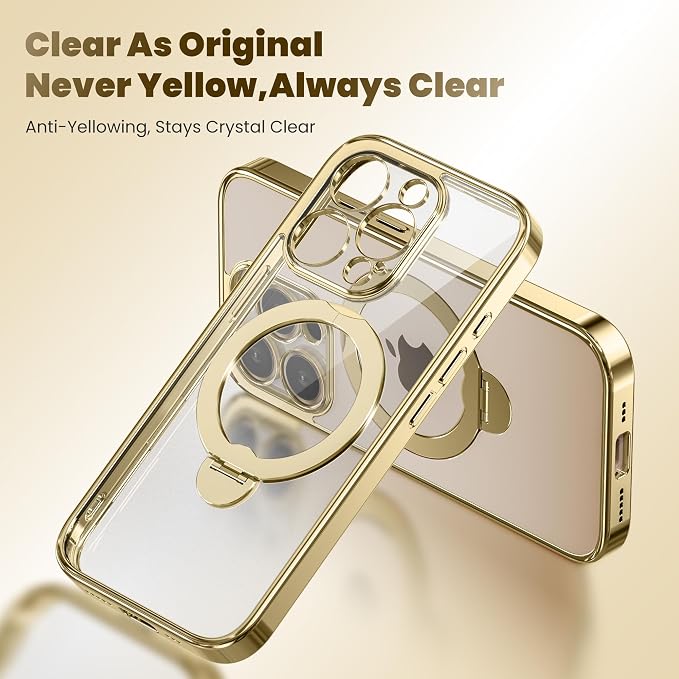 GolbinBox for iPhone 15 Pro Max Case with 360° Spin Magnetic Stand,[Compatible with Magsafe] [Military Protection][Built-in Ring Holder] Shockproof Phone Case for 15 Pro Max, Gold/Clear