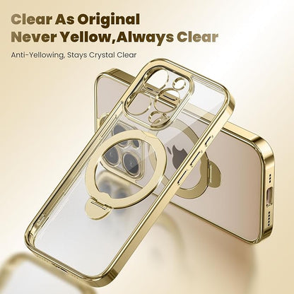 GolbinBox for iPhone 15 Pro Max Case with 360° Spin Magnetic Stand,[Compatible with Magsafe] [Military Protection][Built-in Ring Holder] Shockproof Phone Case for 15 Pro Max, Gold/Clear