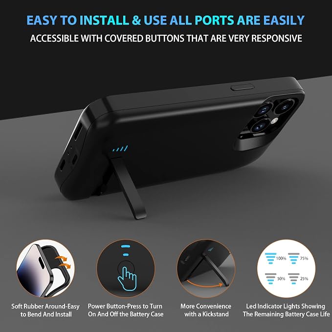 Battery Case for iPhone 16 Pro Max, Extended Battery Power Charging Case for iPhone 16 Pro Max 5G Portable Rechargeable Protective Charger Cover, Perfect for Business Travel, Black