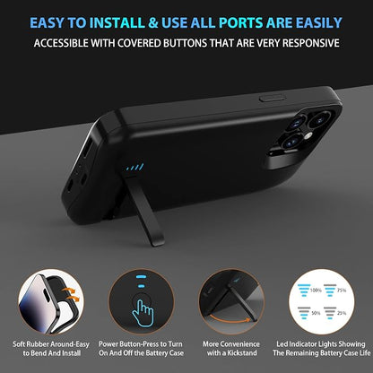 Battery Case for iPhone 16 Pro Max, Extended Battery Power Charging Case for iPhone 16 Pro Max 5G Portable Rechargeable Protective Charger Cover, Perfect for Business Travel, Black