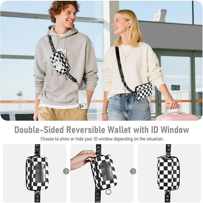 Clip and Go Strap for Phone with Wallet Crossbody Phone Lanyard and Detachable Checkered Bag with ID Window and RFID Pouch for Daily Travel.