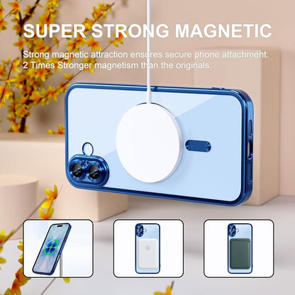 Misea Magnetic for iPhone 17 Case Compatible with MagSafe [Never Yellowing] [Military Grade Drop Protection] Full Camera Lens Protector Plating Soft Clear Phone Case for Women, Deep Blue