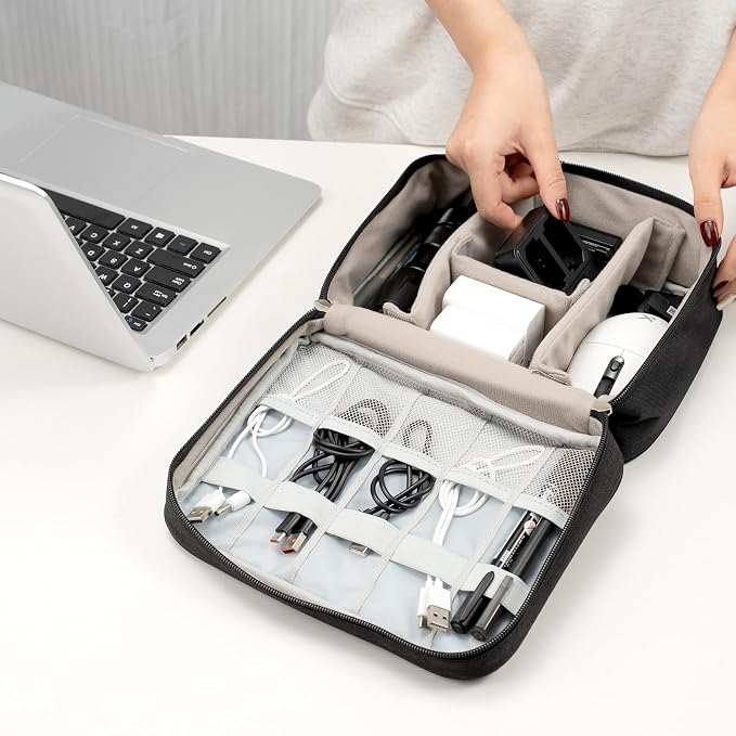 Cable Organizer Bag, Electronic Accessories Travel Case, Waterproof Double Layer Storage Bag for Charger, Cord, Phone, Earphone, Portable Carry Pouch for Travel & Daily Use (Black)