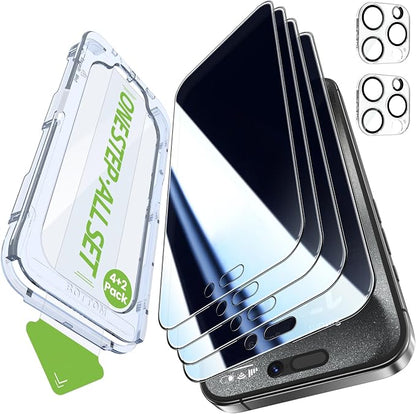 iGluz 4+2 Pack for iPhone 15 Pro Privacy Screen Protector with Camera Lens Protector 6.1 inch,9H+Tempered Glass[12FT Military Grade Shatterproof &100% Anti-Spy],3D Micro-Curved Edges[Longest Durable]