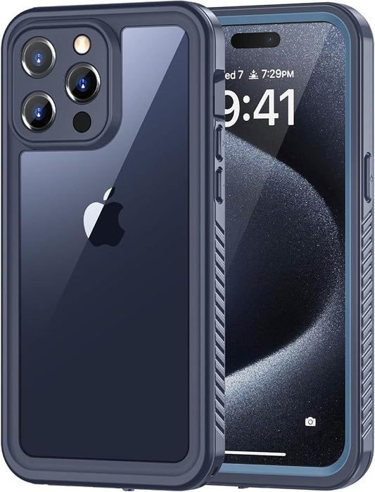 Lanhiem for 15 Pro Case, IP68 Waterproof Dustproof Shockproof Case with Built-in Screen Protector, Full Body Protective Heavy Duty Phone Cover for 15 Pro - 6.1 inch (Dark Blue)