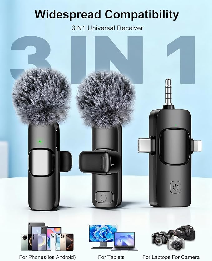 PoP voice 3 in 1 Professional Wireless Lavalier Microphone for iPhone, Android, Camera,Mini Microphone, Lapel Mic with Noise Reduction, Crystal Clear Sound for Recording, YouTube, Podcast, Vlogging