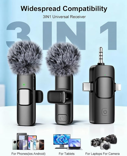 PoP voice 3 in 1 Professional Wireless Lavalier Microphone for iPhone, Android, Camera,Mini Microphone, Lapel Mic with Noise Reduction, Crystal Clear Sound for Recording, YouTube, Podcast, Vlogging