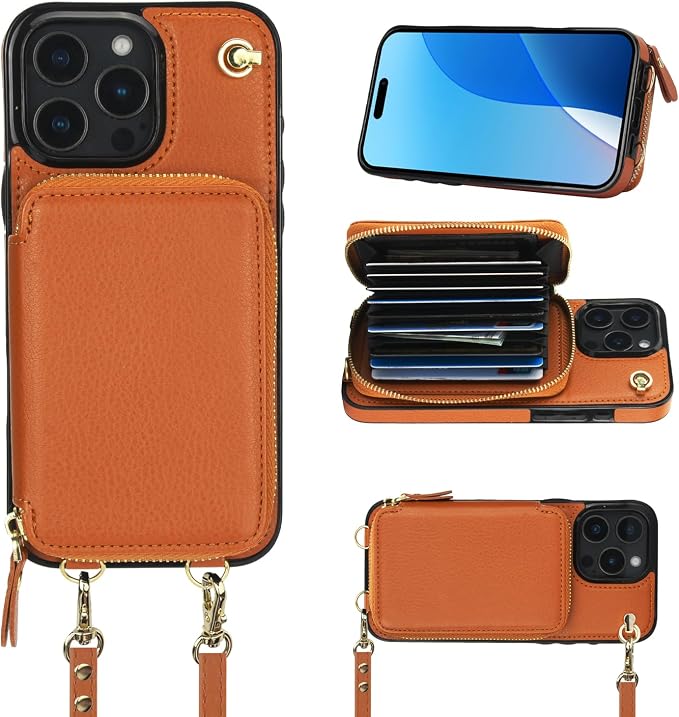 Bocasal Crossbody Wallet Case for iPhone 16 Pro Max, RFID Blocking Leather Purse Case with Card Holder, Protective Handbag Flip Cover with Zipper Wrist Strap Lanyard for Women 5G 6.9 Inch (Brown)