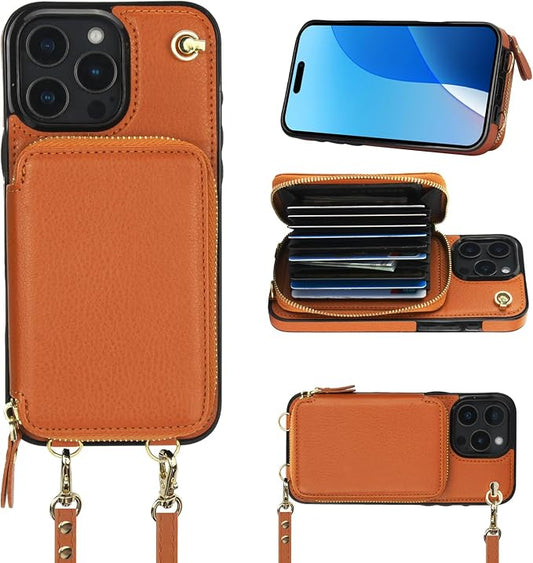 Bocasal Crossbody Wallet Case for iPhone 16 Pro Max, RFID Blocking Leather Purse Case with Card Holder, Protective Handbag Flip Cover with Zipper Wrist Strap Lanyard for Women 5G 6.9 Inch (Brown)