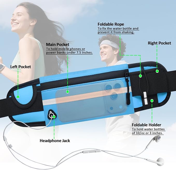 Fanny Pack with Water Bottle Holder for Running Hiking Hydration Marathon Exercise Outdoor, Slim Running Belt for Men Waterproof Waist Bag for Women Girls Kids Cell Phone iPhone Carrier Blue