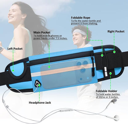 Fanny Pack with Water Bottle Holder for Running Hiking Hydration Marathon Exercise Outdoor, Slim Running Belt for Men Waterproof Waist Bag for Women Girls Kids Cell Phone iPhone Carrier Blue