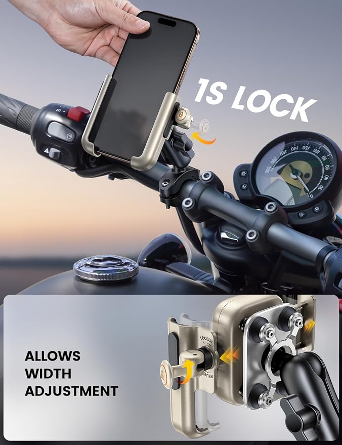 Lamicall Motorcycle Phone Mount Holder - [All Metal] [Anti Shake] [1s Lock] Bike Phone Holder Handlebar Clamp, Bicycle Cell Phone Mount, for iPhone 17 Pro Max, 16 15 14, Galaxy, 4.7-7.2" Phones, Gold
