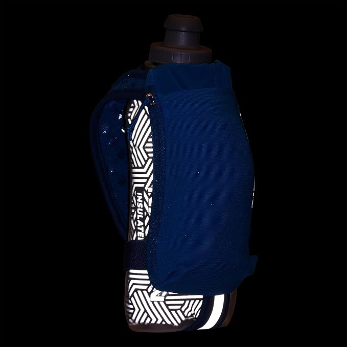 Nathan SpeedDraw 2 Insulated Handheld Running Water Bottle Flask – Double-Wall Insulation, Ergonomic Grip, Blast Valve Cap, Phone & Key Storage Pockets, Reflective Design - 18oz, Deep Blue