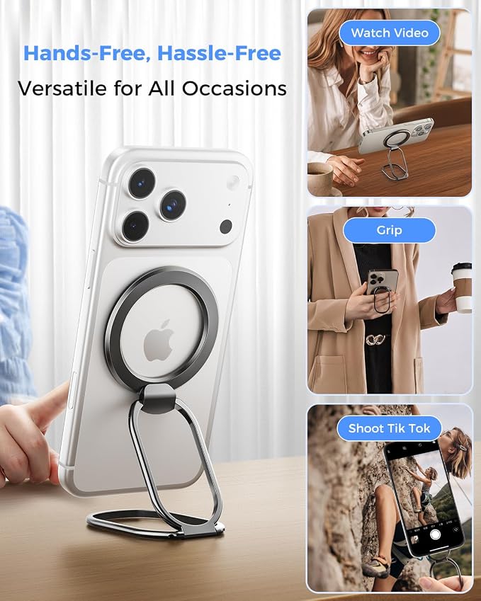 [2025 Upgraded] Mag Safe Phone Ring Holder, SUPERONE Adjustable Magnetic Kickstand & Removable Phone Grip Compatible with Wireless Charging Only for iPhone 17 &16 & 15 & 14 & 13 & 12 Series - Black