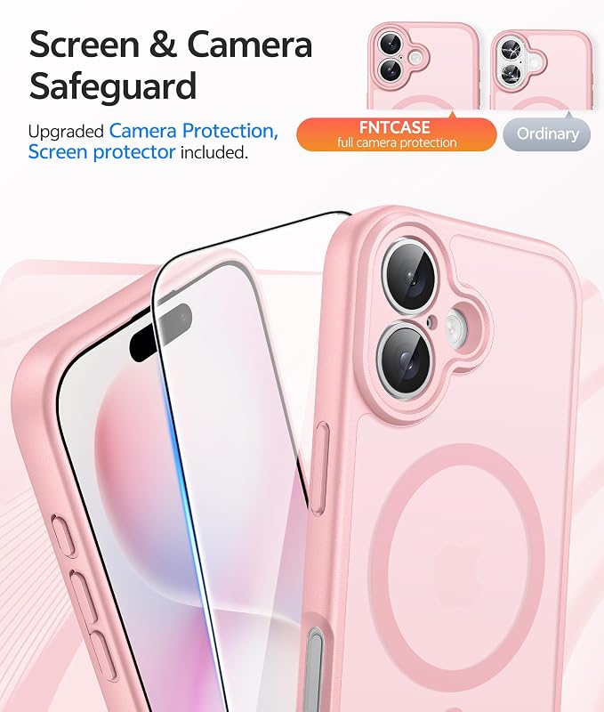 FNTCASE for iPhone 16 Plus Case: [Compatible with Magsafe] Translucent Matte Cases with [Full Camera Protection] [Screen Protector] Military Grade Shockproof Protective Phone Cover - Light Pink