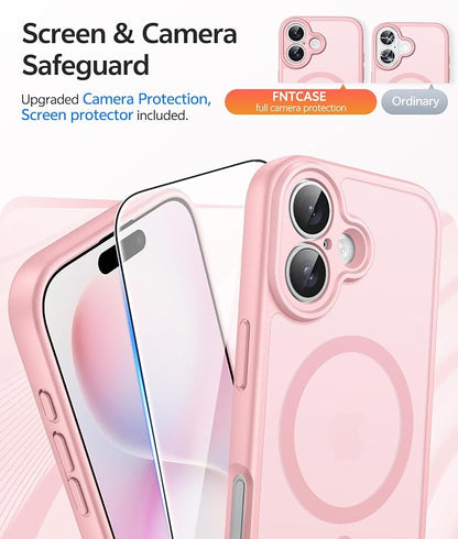FNTCASE for iPhone 16 Plus Case: [Compatible with Magsafe] Translucent Matte Cases with [Full Camera Protection] [Screen Protector] Military Grade Shockproof Protective Phone Cover - Light Pink