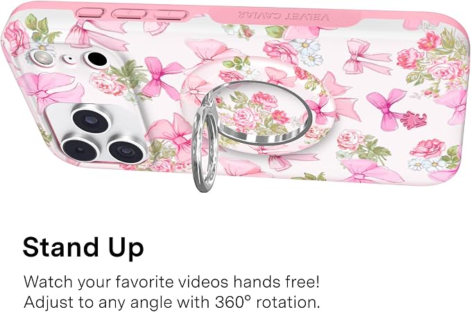 VELVET CAVIAR Compatible with MagSafe Phone Grip 2.0 | Cute Magnetic Ring Holder | Finger Loop Kickstand | Pop On Accessory for iPhone 17, 16, 15, 14, 13, 12 | Posie Pink Bow