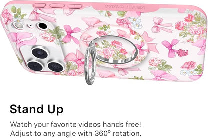 VELVET CAVIAR Compatible with MagSafe Phone Grip 2.0 | Cute Magnetic Ring Holder | Finger Loop Kickstand | Pop On Accessory for iPhone 17, 16, 15, 14, 13, 12 | Posie Pink Bow