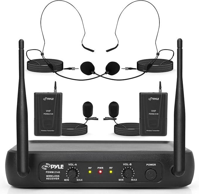 Pyle Dual Channel Wireless Microphone System - VHF Fixed Dual Frequency Wireless Mic Receiver Set with 2 Lavalier, 2 Headset Mics, 2 Transmitter, Receiver - For PA, Karaoke, Dj Party - Pyle PDWM2145