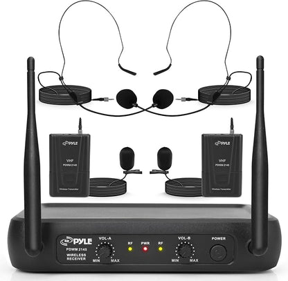 Pyle Dual Channel Wireless Microphone System - VHF Fixed Dual Frequency Wireless Mic Receiver Set with 2 Lavalier, 2 Headset Mics, 2 Transmitter, Receiver - For PA, Karaoke, Dj Party - Pyle PDWM2145