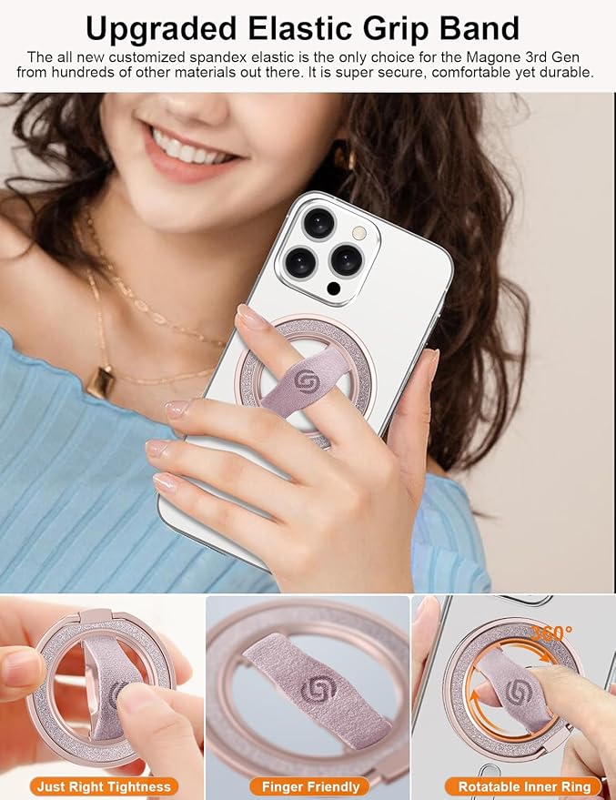 [Stylish Twinkle] EWA MagOne for Magsafe Phone Grip Kickstand [Replaceable Elastic Finger Loop], Mag Safe Ring Holder Stand, Magnetic Phone Accessories for iPhone 17,16,15,14,13,12-(Rose Gold)