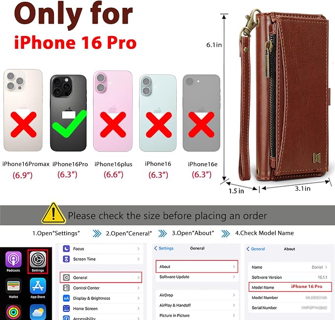 Wallet Case for iPhone 16 Pro with Card Holder/Crossbody Wallet/Strap| RFID Blocking | Magnetic | Kickstand | Detachable | PU Leather Phone Case for iPhone 16 Pro,6.3 in,Brown