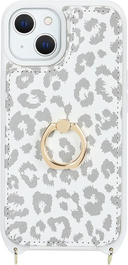 Lipvina for iPhone 14 Plus Case with Card Holder and Strap for Women,Crossbody Lanyard,RFID Blocking,Stand Ring Kickstand,Snap Clasp,Cute Phone Wallet Cases 6.7 inch(White Leopard)